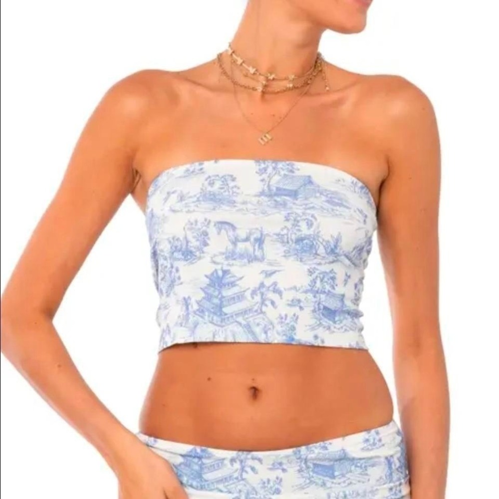 Edikted blue and white strapless tube top Size Small Unique graphic all over